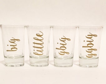 Shot Glasses - Big, Little, Grand Big, Great Grand Big Sorority Family Script Font Sorority Custom Shot Glass - Gold
