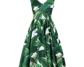 Summer dress, Deep V neck dress, Banana leaf dress, Full skirted dress, Mother daughter matching dress, Palm print dress, Vintage dress MS04