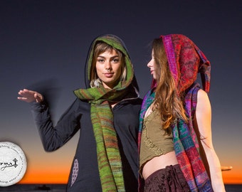 Hoodie Scarf - Gypsy Wool Kashmiri Hoddie Scarf Bohemian Hippie Style Tribal Stylish Warm Scarf