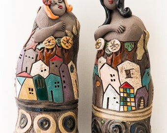 Women ceramic sculpture , set of two female ceramic figures / figurative sculpture / Israeli art / ooak handmade ceramics and pottery