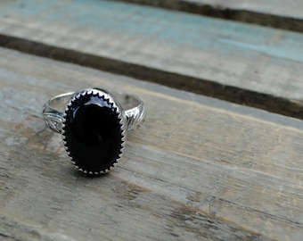 Black Onyx Ring, Floral Band, Sterling Silver, Onyx Ring, Black Onyx Stone, Gemstone Ring, Boho Ring, Mermaid Ring, Made to Order