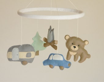 Camping baby mobile Felt stuffed animals mobile Woodland baby mobile Transportation boy mobile Travel nursery Felt car bear tree camper