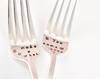 wedding forks, Made a wish and you came true- bridal shower gift, silver plated forks-anniversary gift-birthday gift.