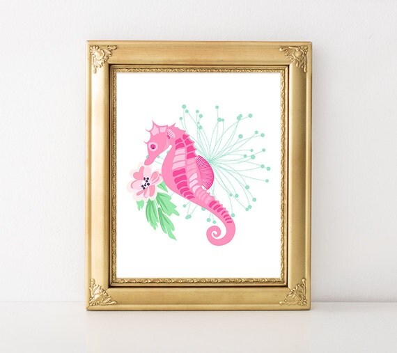 Seahorse Printable Art Print Pink Seahorse by MossAndTwigPrints