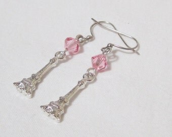 Eiffel Tower Earrings with Rose Swarovski Crystals on Sterling Silver Ear Wires