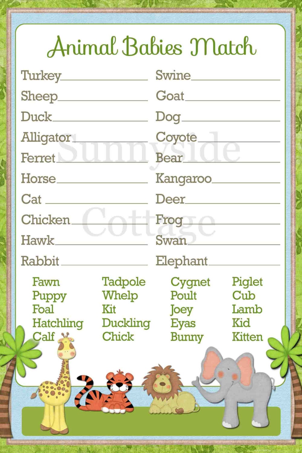 baby animal match answers