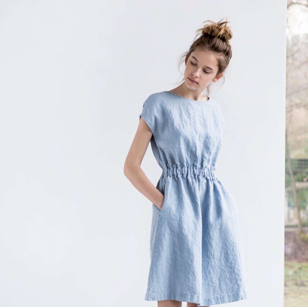 Basic linen dress with elastic waistband in bluish grey