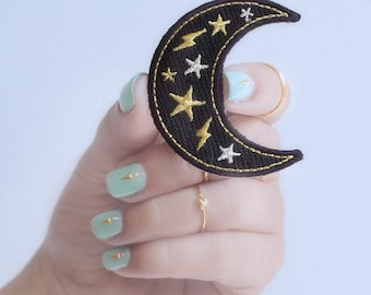 Moon Patch - Iron-On - Embroidered Applique – Black, Metallic Gold & Silver Crescent Moon, Star, Lightning Bolt