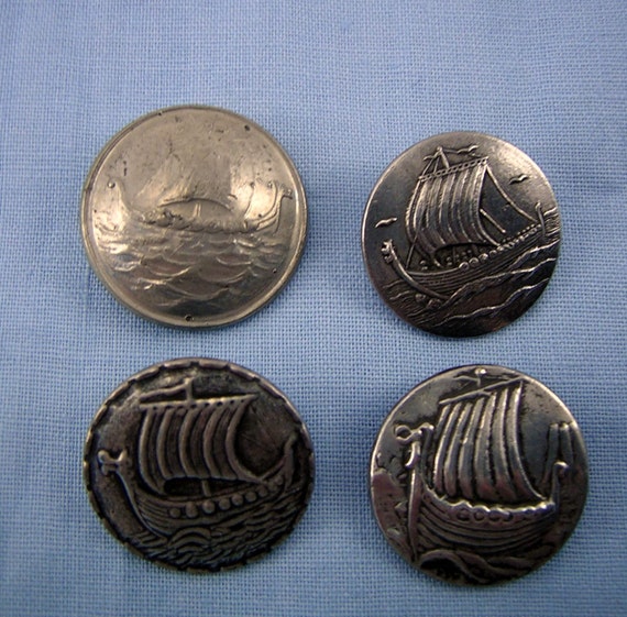 4 Pewter Viking  Ship BUTTONS  Long Ships Under Sail Dragon