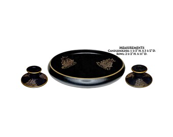 Tiffin Ship Black Satin Console Bowl and Candlesticks / Grey & Gold Decoration
