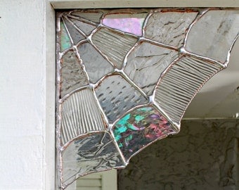 Stained Glass Spider Web Corner,Home decor, Garden decor,spider web decor, halloween decor, stained glass,garden, corners, magical, unique
