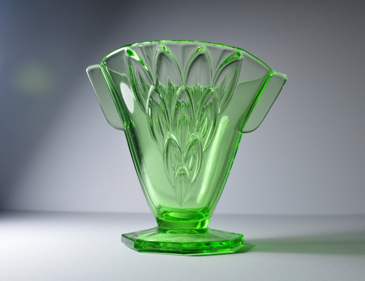 Art Deco Rosice Glass Vase Vintage Green Glass Vase Mid