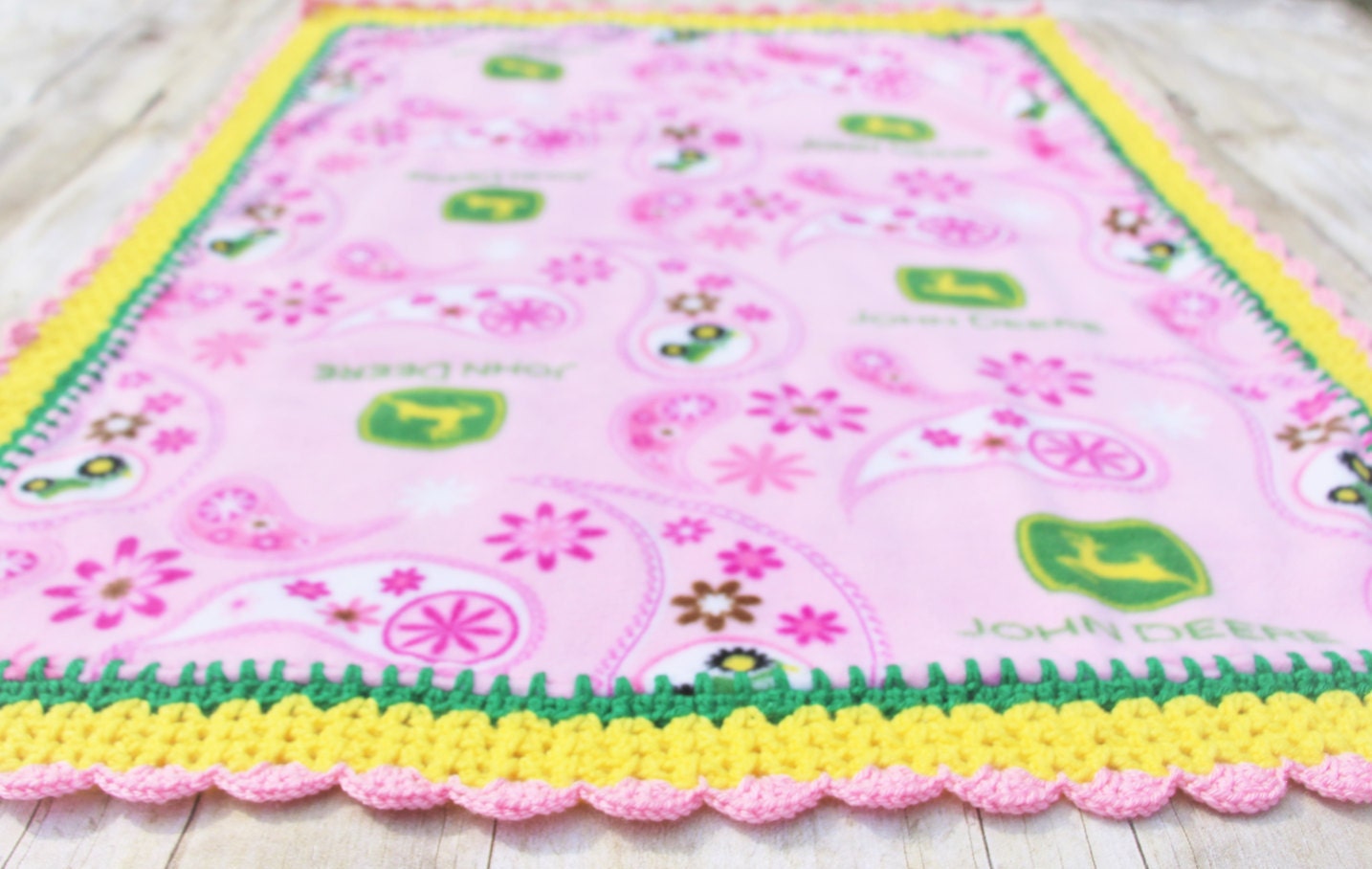 Pink John Deere Fleece Blanket/Crochet Fleece Blanket/Pink