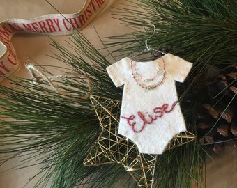 Felt Baby Onesie Ornament with hand-embroidered name and necklace - for girls