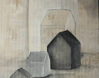 Art peinture originale sur carton.Maisons.