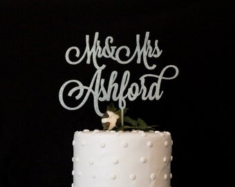 Custom Glitter Silver Mr and Mrs Wedding Cake Topper