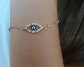Evil eye bracelet gold, zircon bracelet, oval evil eye, dainty evil eye bracelet, evil eye gold filled, protection charm, blue evil eye gold