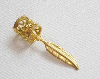 Feather Hair Beads, Gold Dread Bead Charms, Dread Beads, Feathers Dreadlock Jewelry, Hair Charms, Large Hole Loc Bead, Expandable Hair Bead