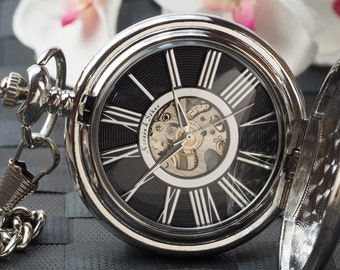 Custom Engraved Silver / Black Skeleton Pocket Watch - Gift Boxed PW-10-M