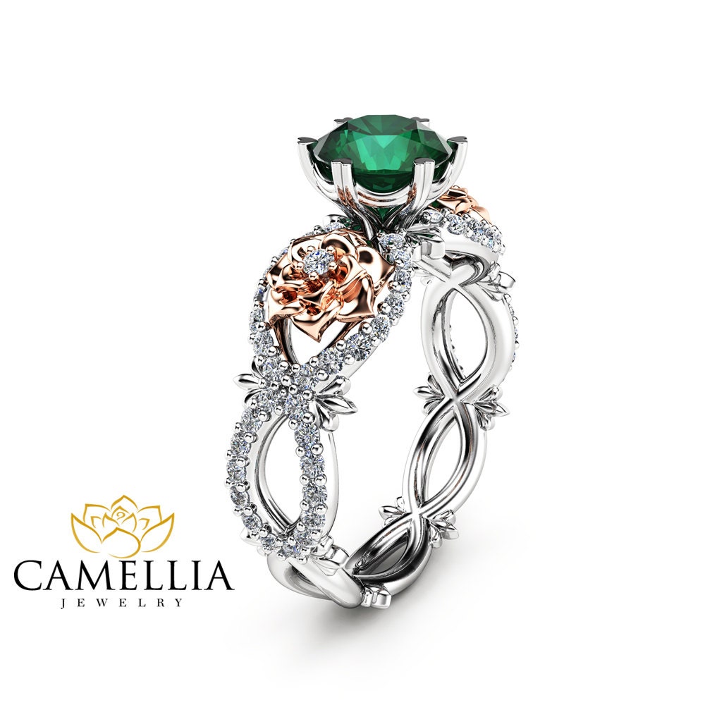Emerald Engagement Ring in 14K Two Tone Gold Unique Flower