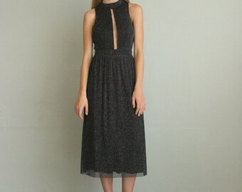 Black Sequin sparkling halter neck midi dress - front opening black Sequin tulle dress - open back midi black dress