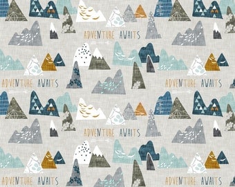 Adventure Awaits Mountain Woodland Quilting Fabric. Fabric by the Yard. Cotton Jersey Knit Minky Camp Forest Mountains Nursery Boho Arrow