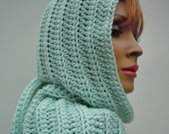 Hooded Scarf Mint Green - Pastel Light Green Scarf- Pixie Hood - Hat and Scarf - Crochet Hood, Soft Green Hat and Scarf Set