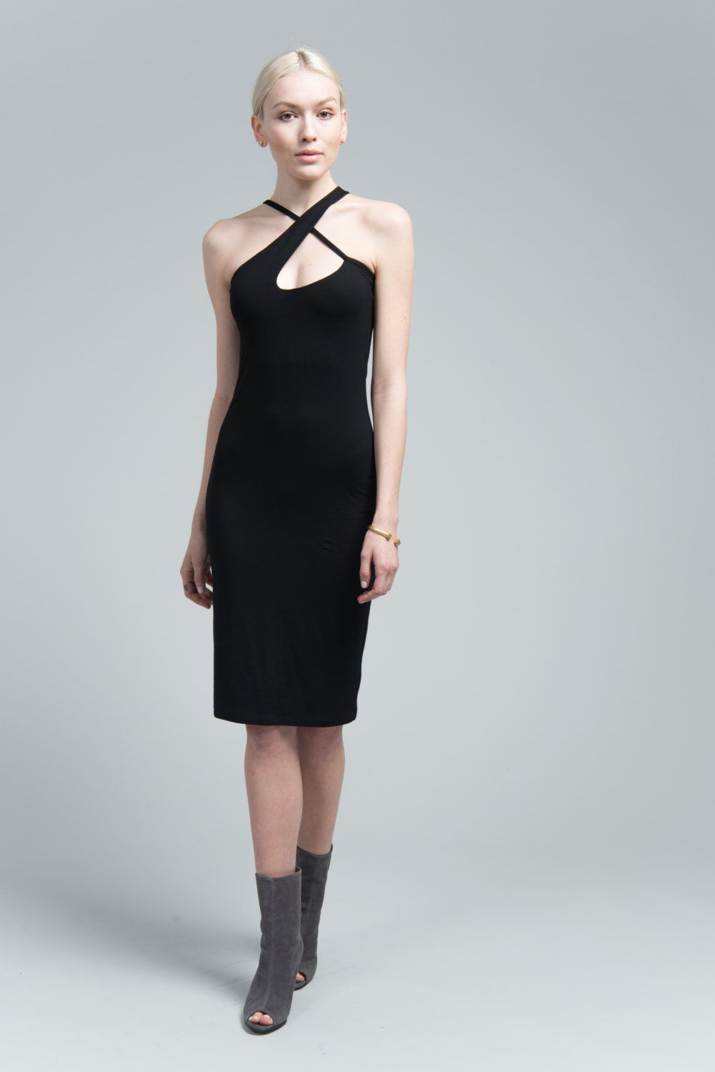 Black Double Strap Novelty Geometric Swimdress and Shorts