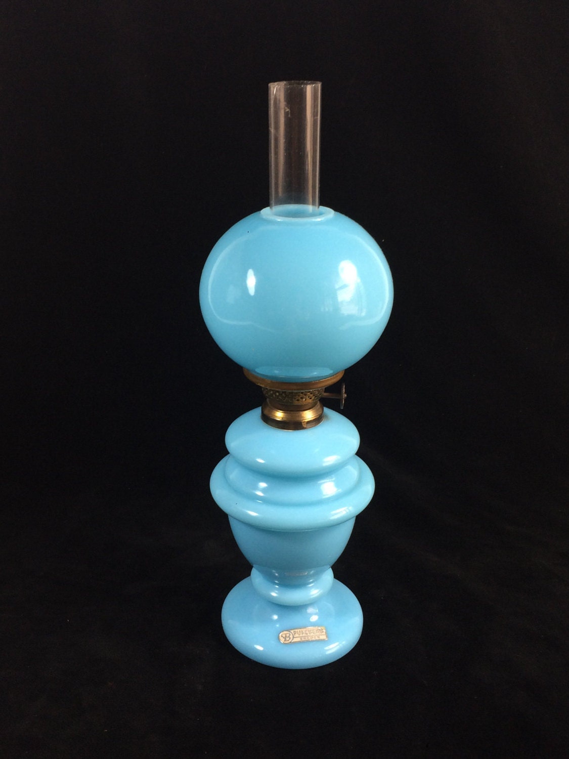 Swedish Pukeberg Blue Miniature Oil Lamp with Milk Glass Shade