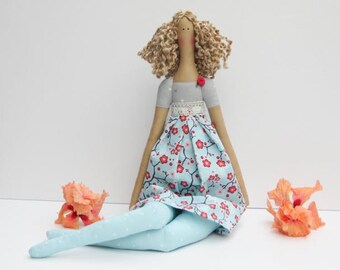 Cloth doll Tilda handmade rag doll stuffed doll blue pink gray polka dot blonde cute fabric doll baby shower gift birthday gift for girls