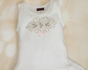 Toddler White Dress Cotton White Dress with Big Rhinestone wiith Matching Headband