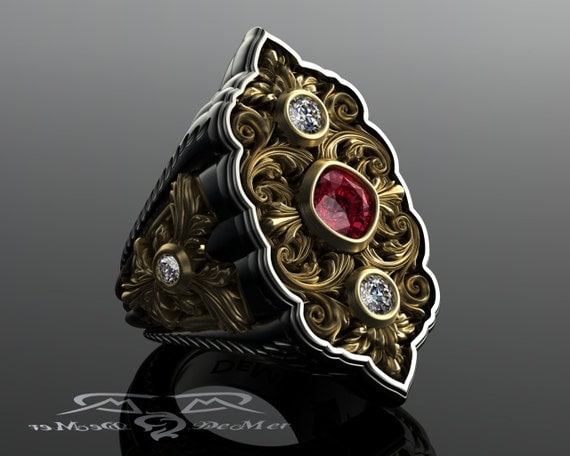 Enormous ladies power ring. The Opia Femme by DeMer Jewelry. 14kt European gold, rhodolite garnet, diamonds Victorian scrollwork steampunk. by DeMerJewelry steampunk buy now online