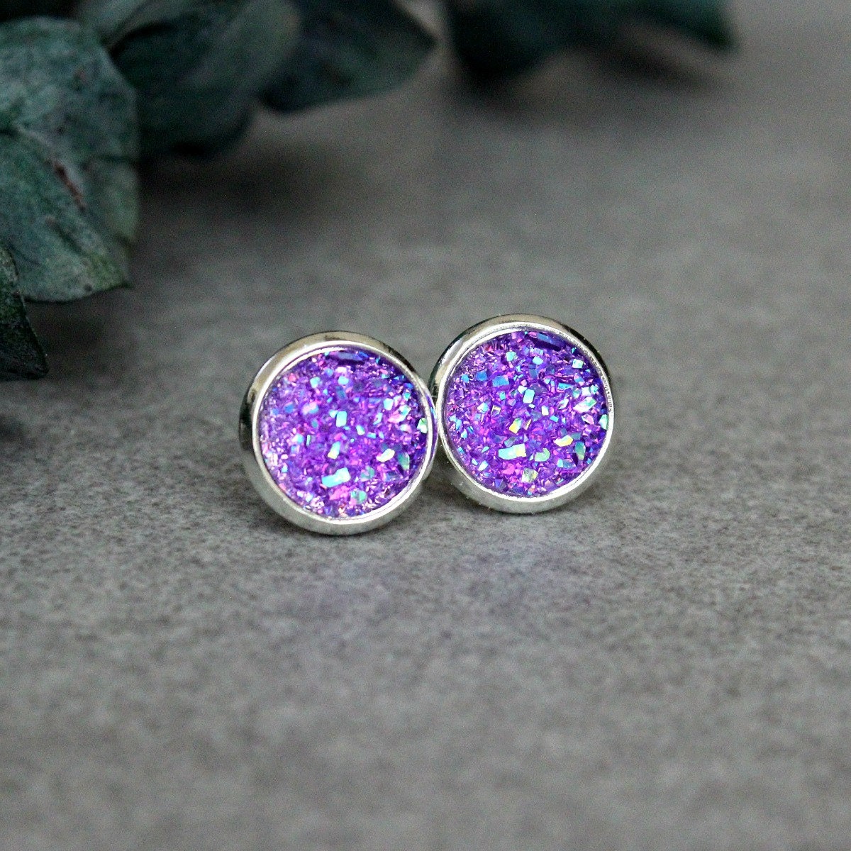 Purple Stud Earrings Purple Earrings Purple Druzy Earrings