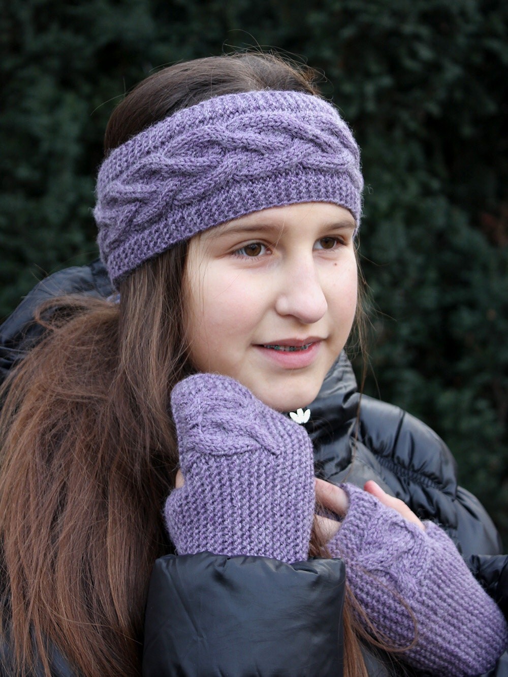 Fingerless Gloves with Headband Set of 2 Lavender Knit Arm