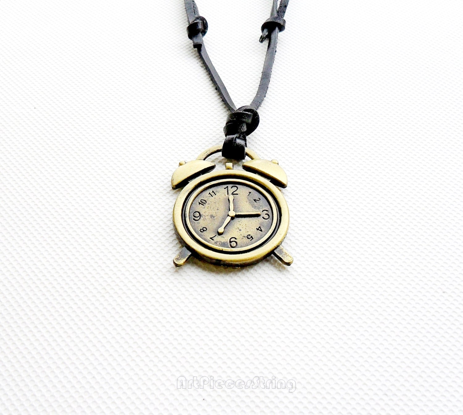 Clock necklace leather bronze personalized pendant alarm