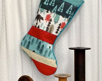 Quilted Christmas Stocking - Patchwork, Kids, Rustic, Bear, Fox, Squirrel, Winter, Woodland, Black, White, Red, Teal, Aqua, Tan, Trees