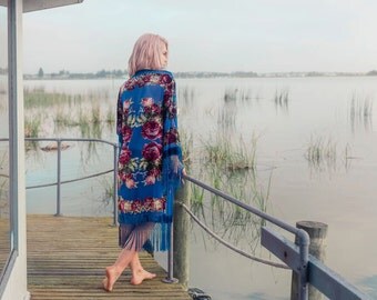 Gypsy Kimono Jacket - Bohemian Festival Clothing - Fringe Kimono - Kimono Coat - Floral Kimono - Velvet Kimono - Kimono Robe - Boho Kimono