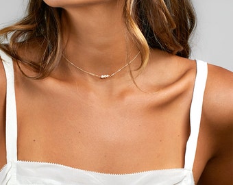 Dainty PEARL Choker Necklace,  Custom Gift for Her, Simple Gold Choker Necklace, Bridesmaid Gift, Gold Layered Necklace