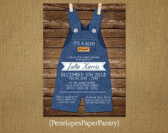 Rustic Baby Boy Shower Invitations,Blue Denim Overalls,Clothes Pins,Buttons,Lil' Wrangler,Wood,Unique,Customizable With White Envelopes