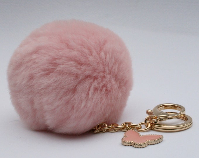 Butterfly Collection Pale Pink fur pom pom keychain REX Rabbit fur pom pom ball with butterfly charm