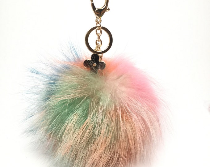 NEW Collection Dimensional Swirl™ Multi Color Raccoon Fur Pom Pom bag charm clover flower charm keychain piece no.299