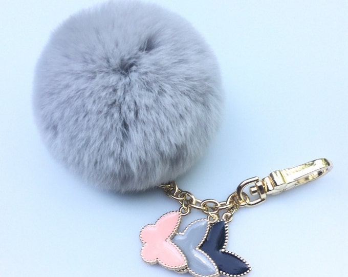Light Grey Rex Rabbit Fur Fluffy Ball furkey bag charm pendant Fur Pom Pom keychain with 3 butterfly charms