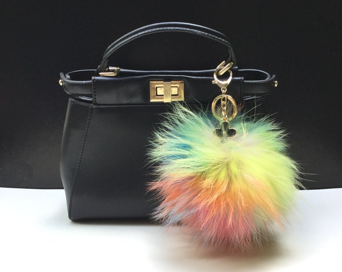 NEW Tropical Swirl™ Multi Color Raccoon Fur Pom Pom bag charm clover flower charm keychain piece no.315