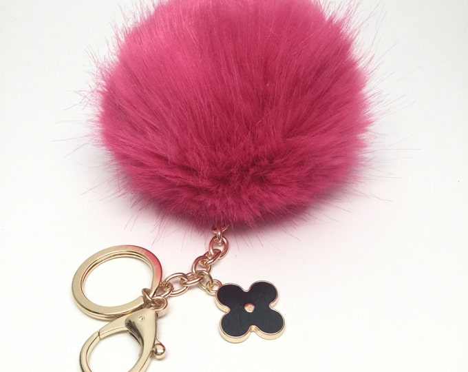 Hot Pink Faux Rabbit Fur Pom Pom bag Keyring keychain fake ball puff