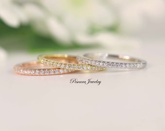 Matching band, Half Eternity Band, Wedding Band, Thin CZ ring band, Micro pave band, stacking bands, Rose Gold, Yellow Gold, Sterling silver