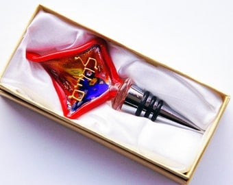 Murano Glass Wine Bottle Stopper Red Hebrew Writing and Millefiori
