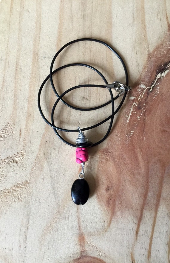 Items Similar To Pink And Black Beaded Leather Cord Necklace Y Drop Necklace Wire Wrapped Bead 7235