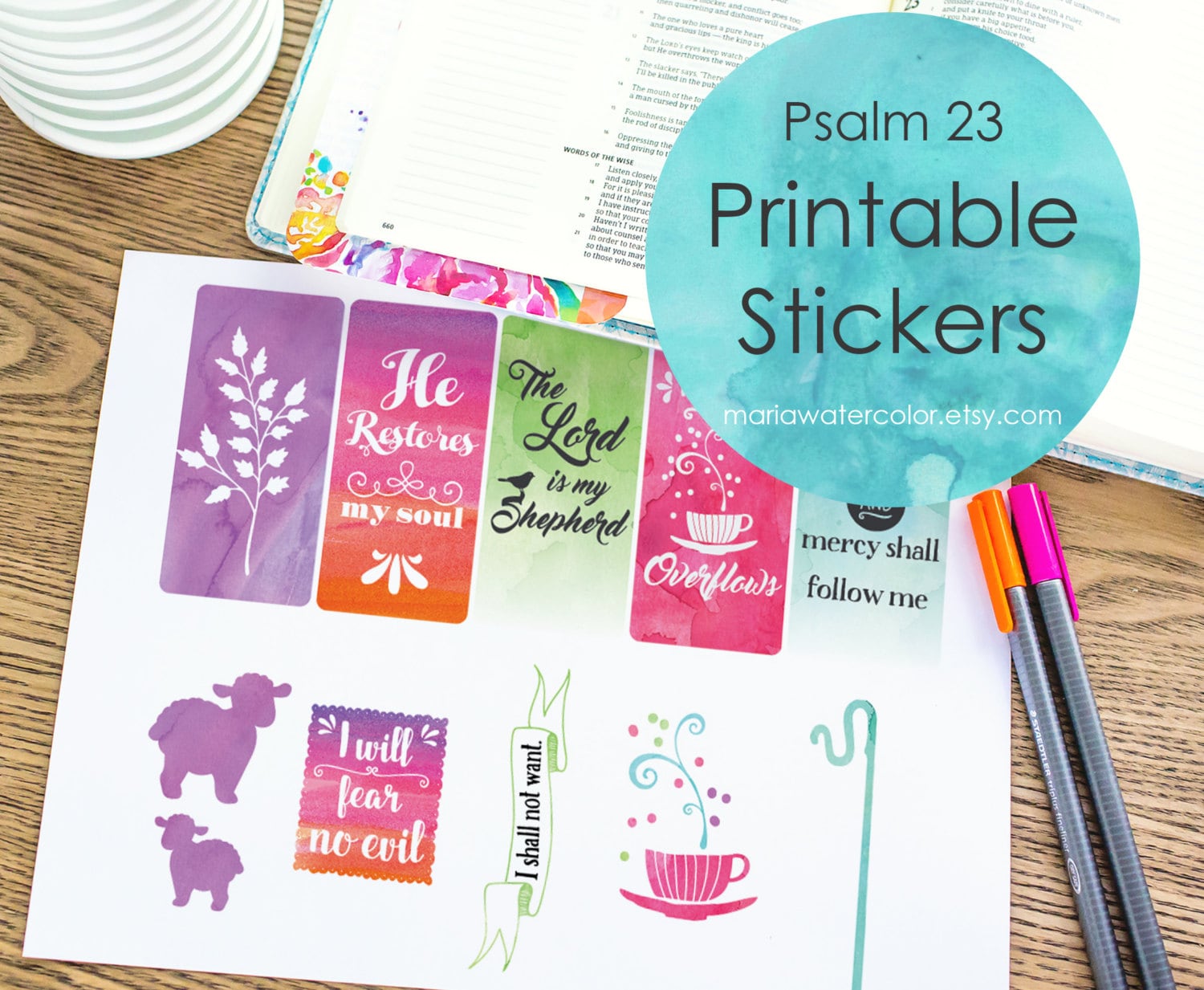 printable bible journaling stickers psalm 23 by mariawatercolor