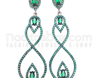 Exclusive luxury designers earrings, rose gold vermeil, green zircons, 925 sterling silver