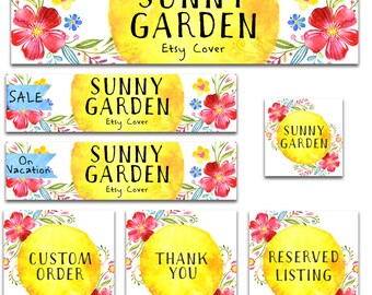 Premade Etsy shop banner set new size cover photo modern watercolor flowers garden bright colors